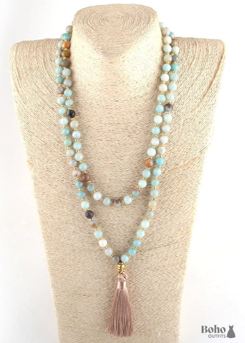 Boho Necklace, RH Amazonite, Tassel Blue Green Natural Stone
